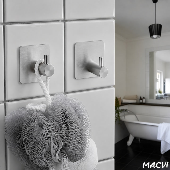 Set 4 cuiere de perete Macvi® din otel inoxidabil, montaj fara gaurire, 4 argintii, rezistente la umiditate, pentru baie si hol