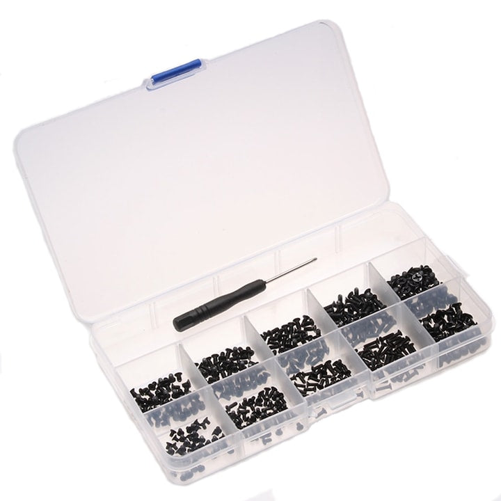 Suruburi Negre M2 M3 Macvi®, Set 500 Bucati, 10 Dimensiuni, Cu Surubelnita, Metal Rezistent, Organizare DIY