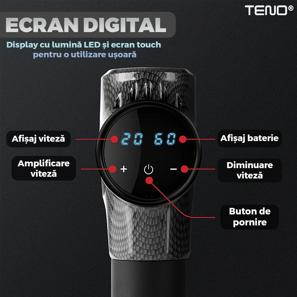 Aparat Profesional pentru Masaj tip Pistol Teno®, 30 viteze, motor silentios fara perii, 3200 percutii, sistem racire, 2500mAh, 6 capete, incarcare rapida, geanta pentru depozitare, negru