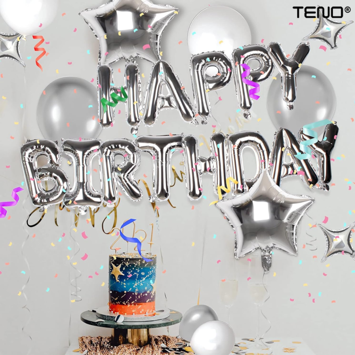 Set 25 Baloane Teno®, Litere, pentru Petreceri/Aniversari/Evenimente, confetti, stelute, model HAPPY BIRTHDAY, argintiu