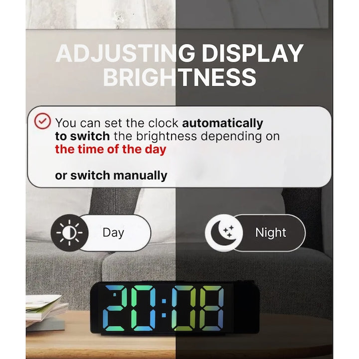 Ceas digital de masa Macvi®, LED multicolor, proiectie ora tavan/perete, alarma, temperatura, 12/24H, USB, negru, baterie CR2032 (neinclusa), 13 x 7 x 4 cm