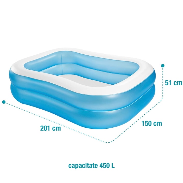 Piscina gonflabila familiala Macvi® 201 x 150 x 51 cm, 2 inele gonflabile, capacitate 450 L, PVC rezistent, pentru copii si adulti, curte, gradina si terasa, alb/albastru