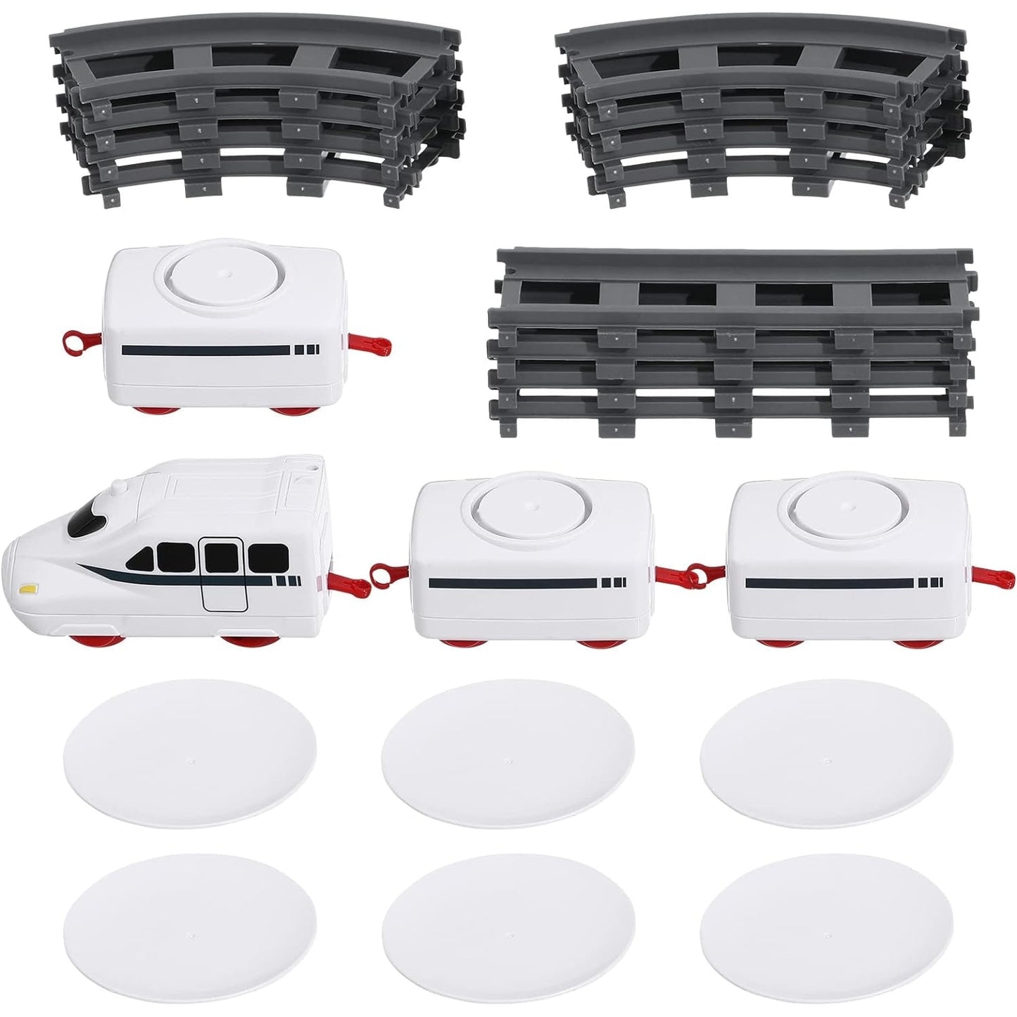 Set trenulet Macvi® pe cale ferata cu farfurii pentru servire Sushi, locomotiva electrica, 3 vagoane, 6 tavite si 12 sine, 197 cm