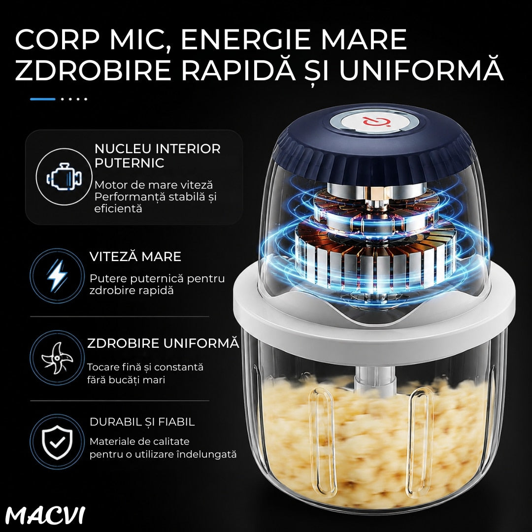 Mini Tocator Electric Macvi® 300 ml Multifunctional Reincarcabil USB pentru Carne Legume Usturoi Ceapa Albastru