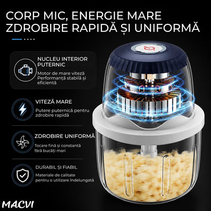 Mini Tocator Electric Macvi® 300 ml Multifunctional Reincarcabil USB pentru Carne Legume Usturoi Ceapa Albastru