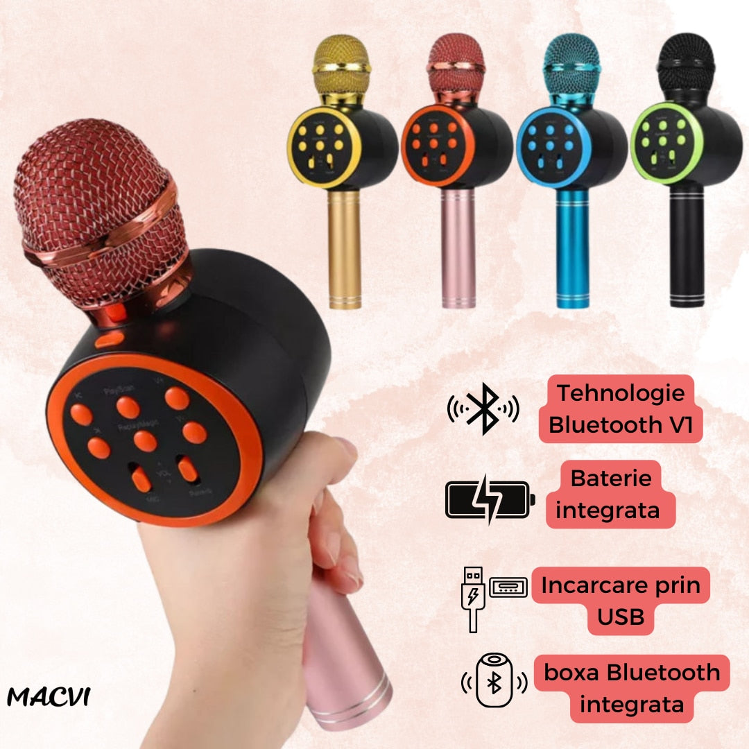 Microfon Karaoke Wireless Macvi® cu Boxa si Bluetooth V11, Portabil, Difuzor Profesional, Baterie Integrata, Roz Gold