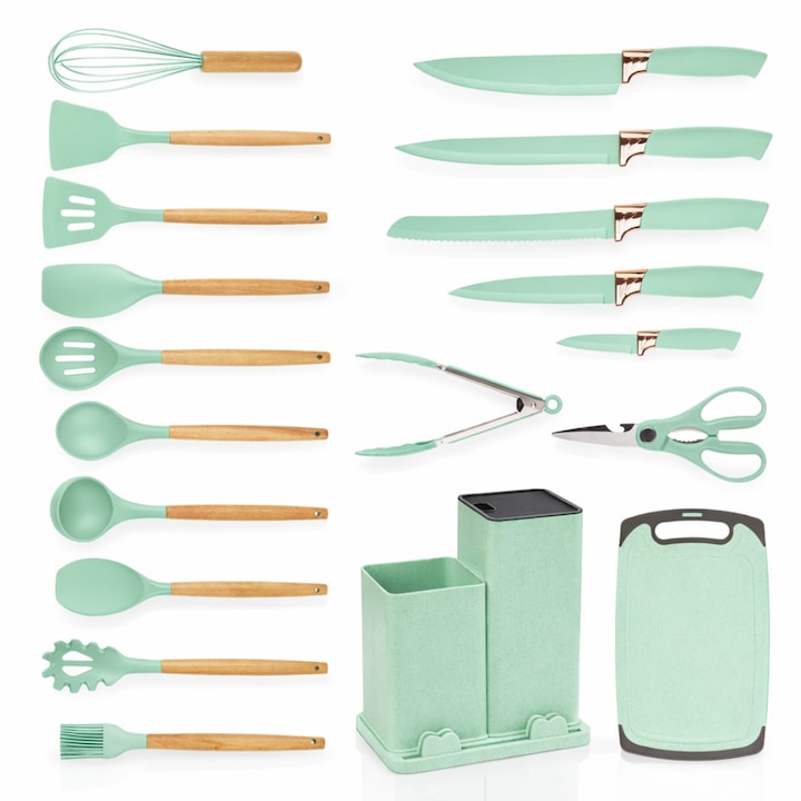 Set ustensile Macvi® bucatarie silicon premium 19 piese cu suport organizare cutite tocator linguri spatule fara BPA rezistente la temperaturi ridicate verde menta