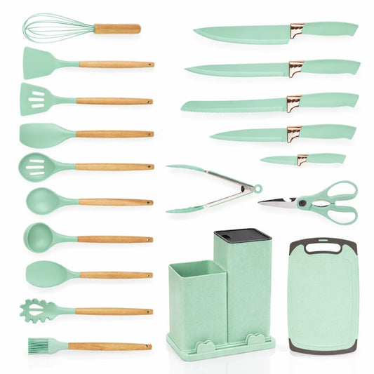 Set ustensile Macvi® bucatarie silicon premium 19 piese cu suport organizare cutite tocator linguri spatule fara BPA rezistente la temperaturi ridicate verde menta