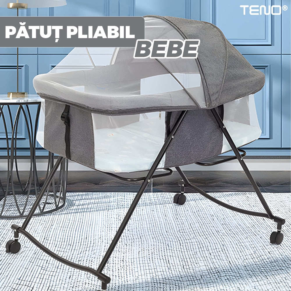 Patut Pliabil pentru Bebelusi Teno®, sistem de blocare, plasa anti-insecte, pliabil, roti retractabile, rezistent, comod, usor de depozitat, gri