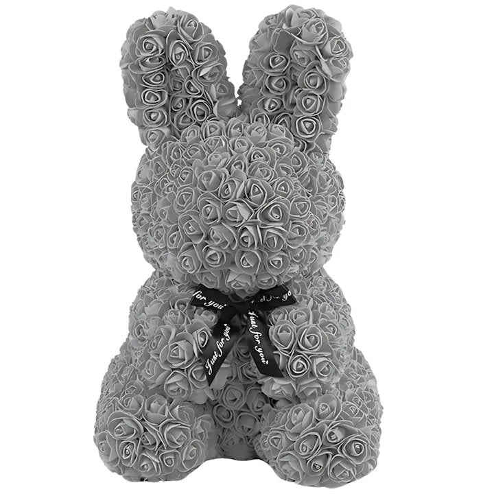 Iepuras Decorativ Macvi® din Trandafiri Spuma Gri 45 cm cu Fundita Cutie Cadou Inclusa Decor Elegant