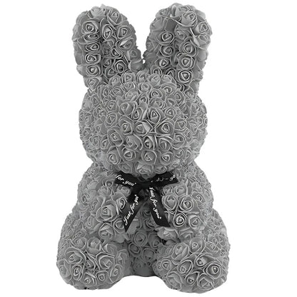 Iepuras Decorativ Macvi® din Trandafiri Spuma Gri 45 cm cu Fundita Cutie Cadou Inclusa Decor Elegant