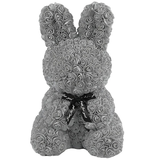 Iepuras Decorativ Macvi® din Trandafiri Spuma Gri 45 cm cu Fundita Cutie Cadou Inclusa Decor Elegant