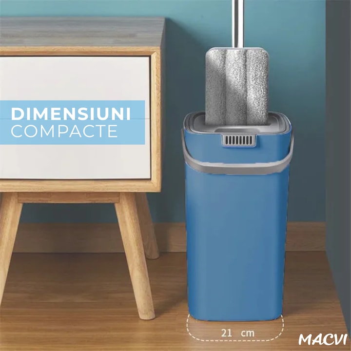 Set curatare Macvi® cu mop plat si galeata cu sistem de stoarcere, scurgere cu dop, coada telescopica si 2 lavete microfibra rezerva