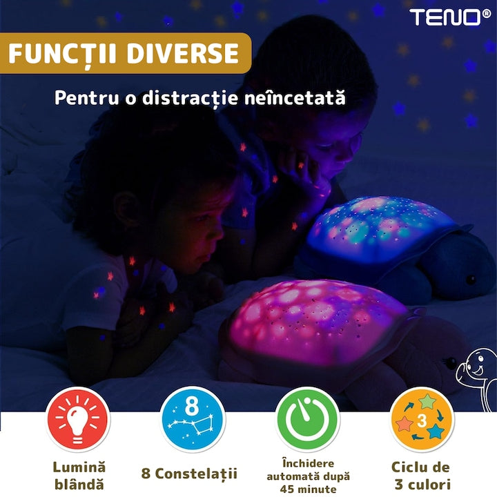 Lampa de Veghe Testoasa Teno®, proiector de lumini, 8 constelatii, lumina RBG, 2 cantece de adormit copiii, pufoasa si moale, mod inchidere automata, galben/verde