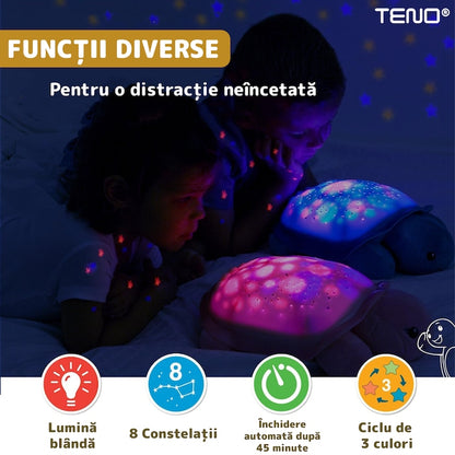 Lampa de Veghe Testoasa Teno®, proiector de lumini, 8 constelatii, lumina RBG, 2 cantece de adormit copiii, pufoasa si moale, mod inchidere automata, galben/verde