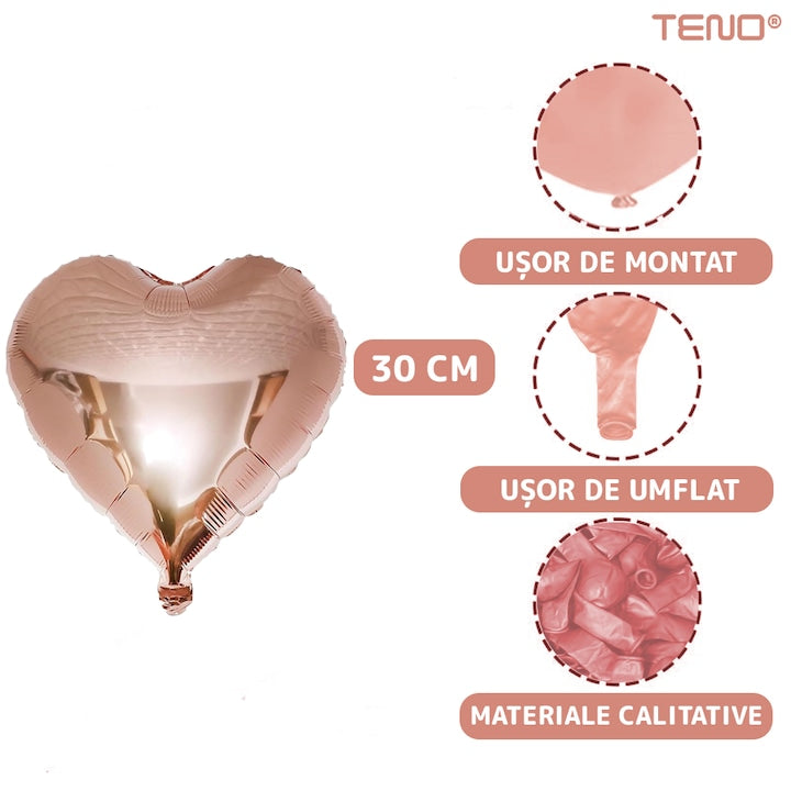 Set 48 Baloane Teno®, Confeti, Inimioara, pentru Petreceri/Aniversari/Evenimente, o singura dimensiune, 2 culori, latex, rose gold