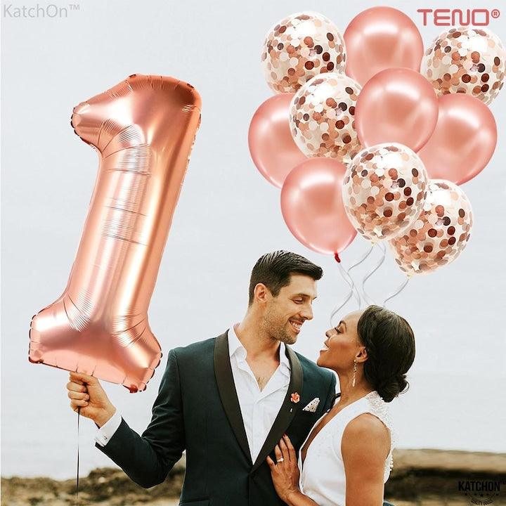 Set 12 Baloane Teno®, Cifra 1, pentru Petreceri/Aniversari/Evenimente, Stea/Rotunde/Confetti, 3 culori, latex, rose gold
