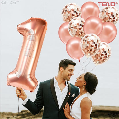 Set 12 Baloane Teno®, Cifra 1, pentru Petreceri/Aniversari/Evenimente, Stea/Rotunde/Confetti, 3 culori, latex, rose gold