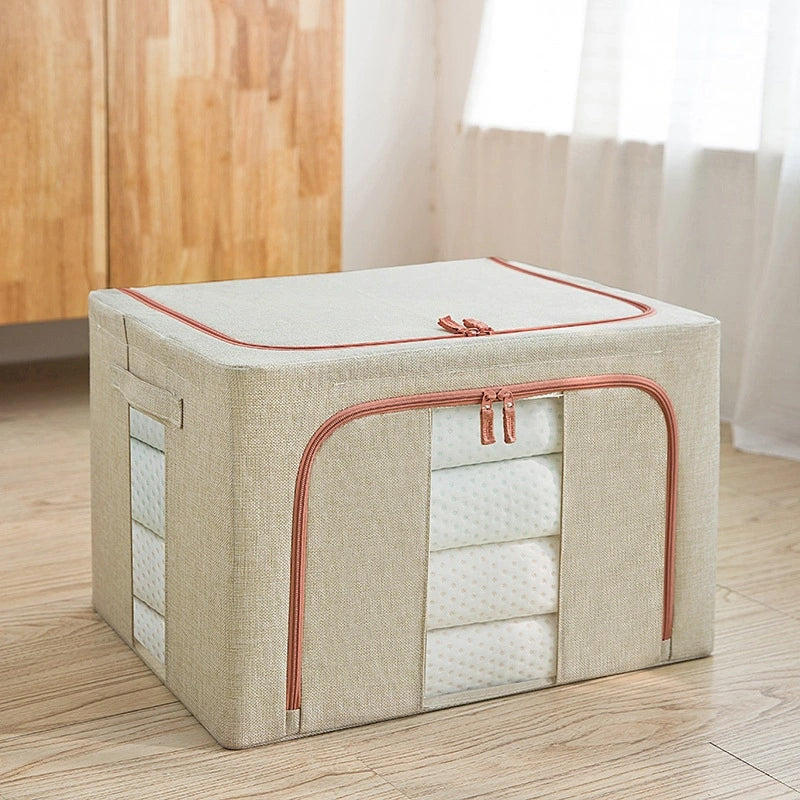 Cutie depozitare Macvi® 66L pliabila din material textil cu fermoar, fereastra transparenta si cadru metalic, organizator incapator pentru haine si articole casnice