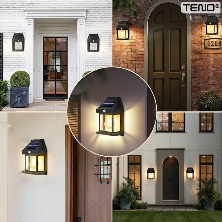 Lampa Solara de Perete LED Tip Felinar Teno®, senzor de miscare 5-8 metri, fara fir, 3 moduri de iluminare, protectie IP65, Waterproof, exterior, negru