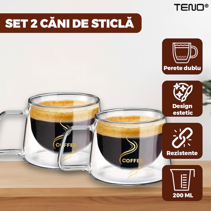 Set 2 Cani de Sticla cu Perete Dublu Teno®, model COFFEE, design modern, termorezistente, capacitate 200 ml, 12 x 8 cm