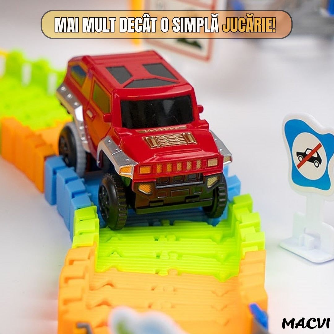 Circuit 2 in 1 XXL Macvi® 140 Piese, 86x74 cm, cu Trenulet Electric si Masinuta, Pod cu Lumini, Pista Rapid Transit de Mare Viteza, Multicolor