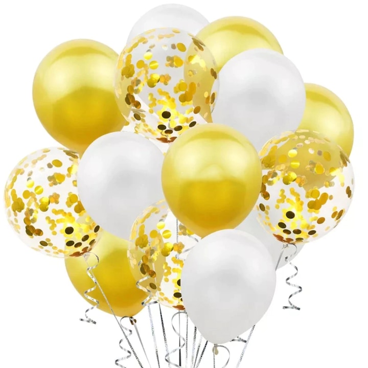 Set 15 Baloane Teno®, Confeti, pentru Petreceri/Aniversari/Evenimente, o singura dimensiune, 3 culori, latex, auriu/alb/transparent