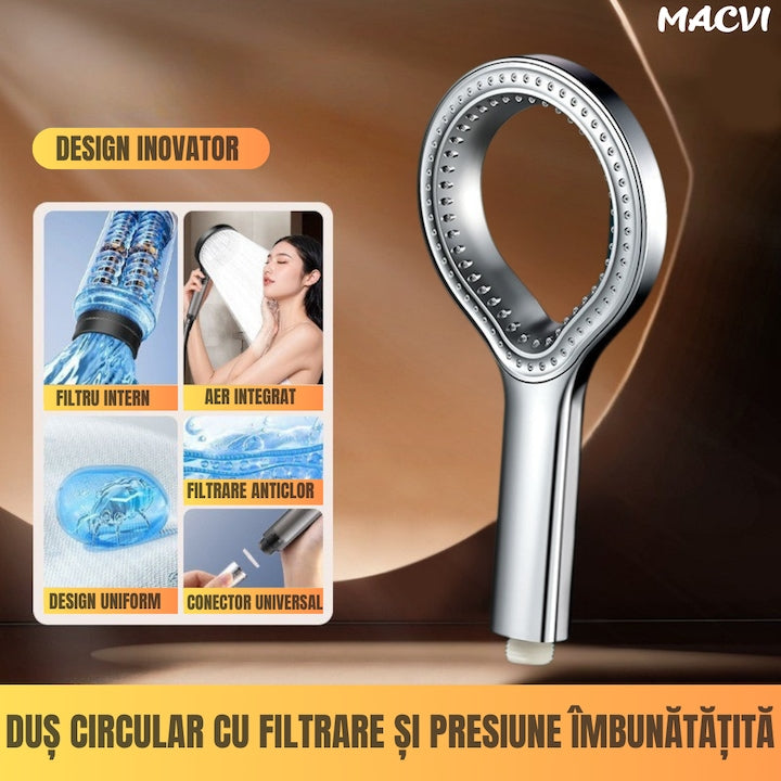 Cap de dus Macvi® cu jet reglabil, flexibilitate versatila, moduri multiple de pulverizare, finisaj argintiu