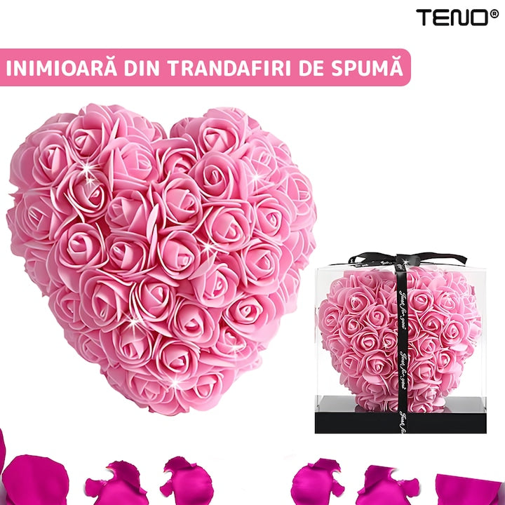 Inimioara din Trandafiri de Spuma Teno®, floral roz, handmade, cutie transparenta, eleganta si naturala, nemuritoare, 17 cm