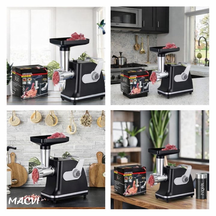 Aparat electric de tocat carne Macvi, inox, 800W, 2 trepte de viteza, negru/alb