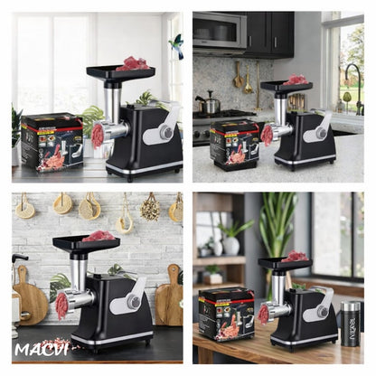 Aparat electric de tocat carne Macvi, inox, 800W, 2 trepte de viteza, negru/alb