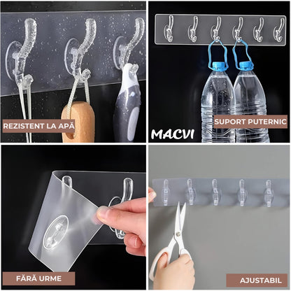 Suport pentru Perete Macvi®,  6 Carlige  Adeziv Transparent, Plastic