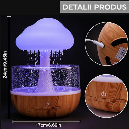 Umidificator si Difuzor Aromaterapie Macvi® Nor de Ploaie, 7 Culori LED, Sunet Relaxant, USB, 400 ml