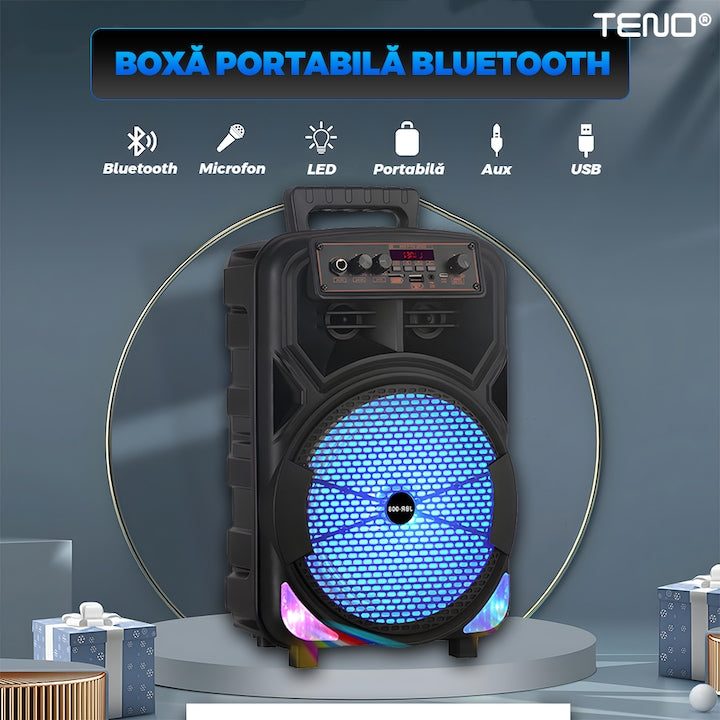Boxa Portabila Teno JBR008, microfon inclus, lumini LED, negru, 1200W