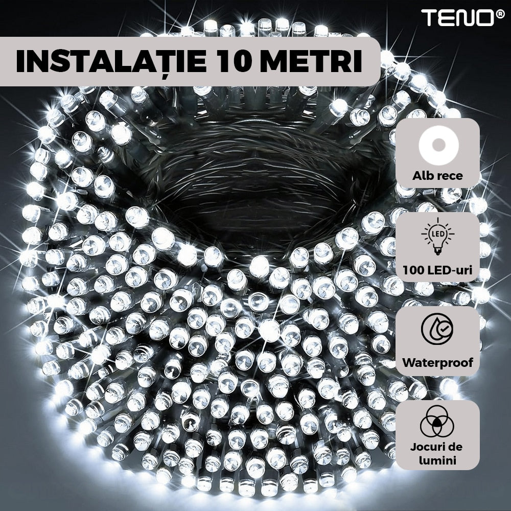 Instalatie de Craciun Liniara cu Panou Solar Teno®, 10 m, 8 jocuri de lumini, alimentare la priza, fir verde, interior/exterior, rezistenta la apa, 100 LED-uri, alb rece