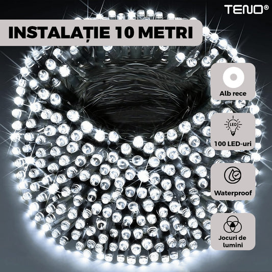 Instalatie de Craciun Liniara cu Panou Solar Teno®, 10 m, 8 jocuri de lumini, alimentare la priza, fir verde, interior/exterior, rezistenta la apa, 100 LED-uri, alb rece