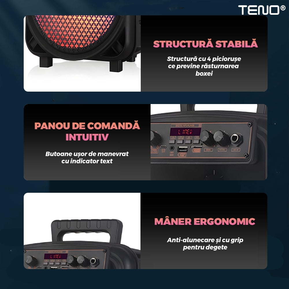 Boxa Portabila JBR009 Teno®, microfon inclus, telecomanda de control, lumini LED, panou de comanda, 6 moduri de conectare, autonomie ridcata, 1200W, negru