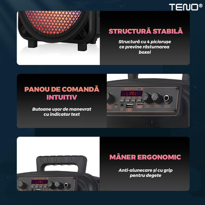 Boxa Portabila JBR009 Teno®, microfon inclus, telecomanda de control, lumini LED, panou de comanda, 6 moduri de conectare, autonomie ridcata, 1200W, negru
