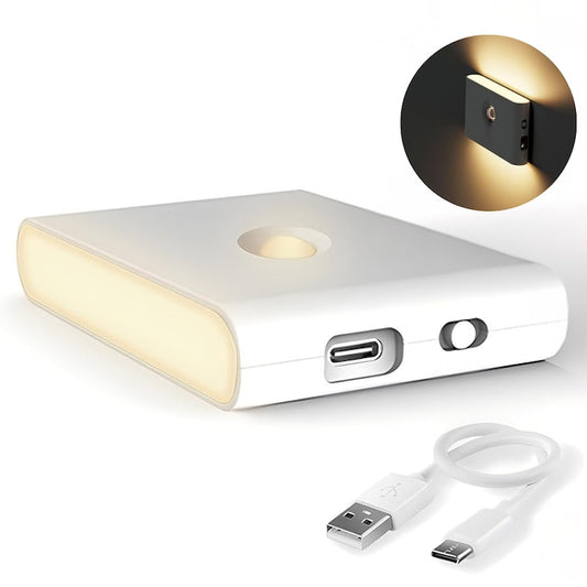 Lampa veghe Macvi® dreptunghiulara pentru perete cu senzor de miscare si senzor crepuscular, LED 3000K cu iluminare laterala, reincarcare USB-C pentru baie, dormitor si scari, 1 buc