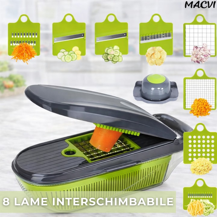Tocator multifunctional legume MACVI 12 in 1, 8 lame interschimbabile din otel inoxidabil, recipient 1, 5 L, pentru feliere, taiere cuburi