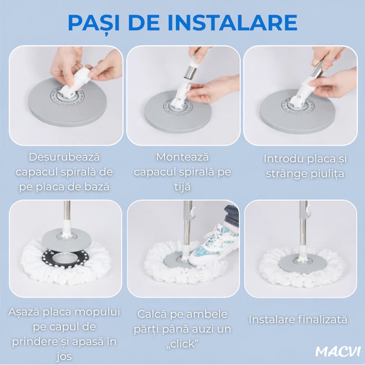 Set Mop Rotativ Macvi®, Galeata, Dubla Actiune, Capat Microfibra, Sistem Stoarcere, Inaltime Ajustabila, Alb/Gri