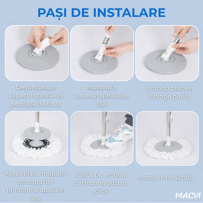 Set Mop Rotativ Macvi®, Galeata, Dubla Actiune, Capat Microfibra, Sistem Stoarcere, Inaltime Ajustabila, Alb/Gri