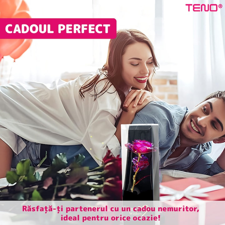 Trandafir Artizanal Teno®, efect de cristal, aspect auriu, luminite LED cu baterii, rezistent, nemuritor, design realist, 22 x 13 cm, roz