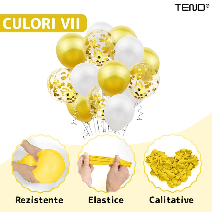 Set 105 Baloane Teno®, Tip Arcada, pentru Petreceri/Aniversari/Evenimente, diverse modele, umplute cu confetti, latex, alb/auriu
