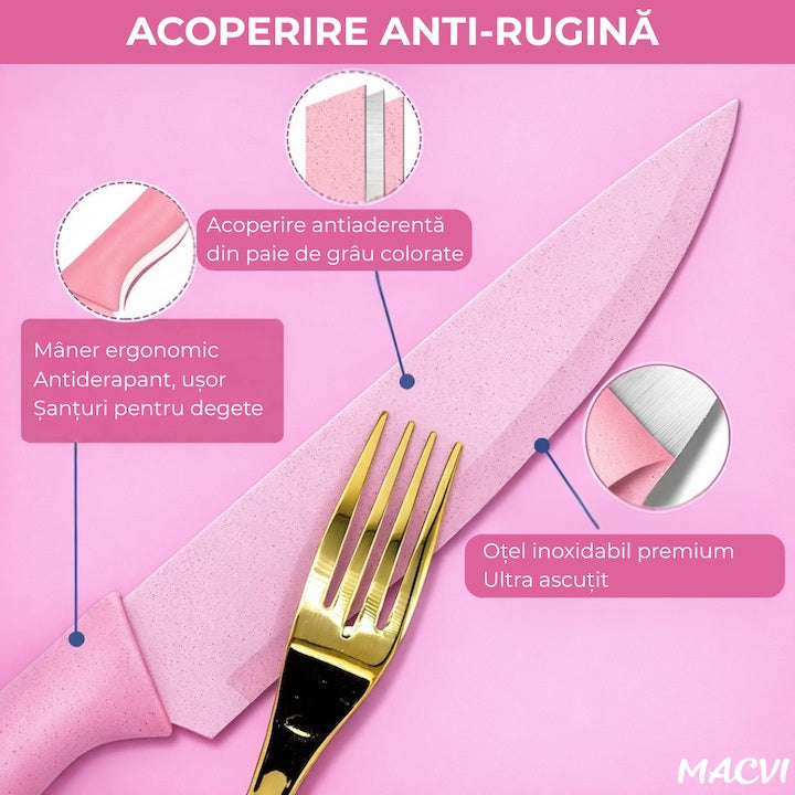 Set cutite bucatarie Macvi® 7 piese, otel inoxidabil, foarfece, curatator legume, tocator inclus, pentru carne, fructe si legume