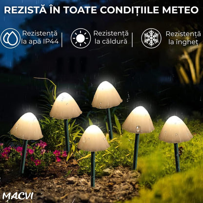 Set 10 Lampi solare gradina Macvi® alb cald IP65 rezistente la apa cablu 5 m panou solar 2V 185mA inaltime tija 18 cm diametru lampa 4.5 cm iluminat exterior alei curte terasa