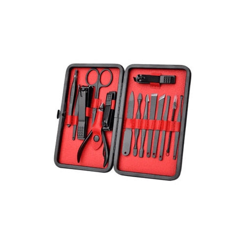 Set manichiura pedichiura Macvi® 15 piese din inox cu husa din piele ecologica si interior de velur sintetic rosu pentru ingrijirea completa a unghiilor