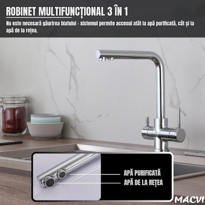 Filtru apa ultrafiltrare Macvi® 5 etape + alcalinizare, precizie 0, 01 µm, baterie 3 cai, robinet 360°, sub chiuveta