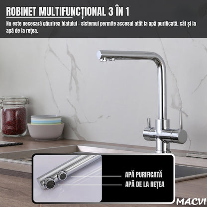 Filtru apa ultrafiltrare Macvi® 5 etape + alcalinizare, precizie 0, 01 µm, baterie 3 cai, robinet 360°, sub chiuveta