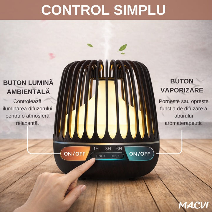 Difuzor Aromaterapie/Umidificator Macvi® cu Lampa 7 Culori, 500 ml, Culoare Negru